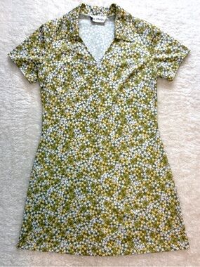 Vintage Suzy Phillips olive yellow mini floral collar mini zip mod shift dress